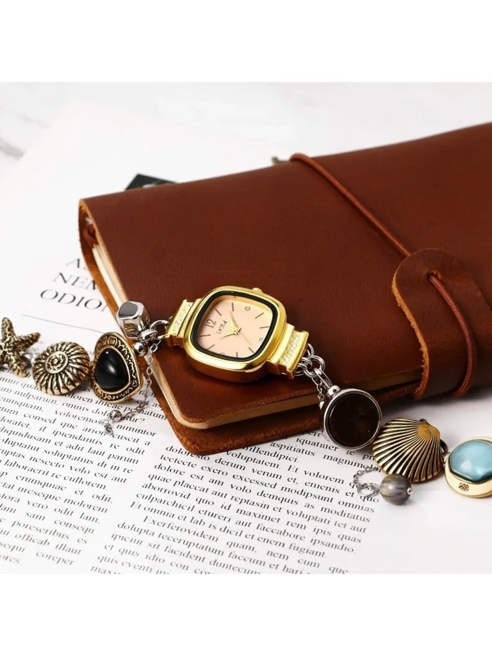 Women Silver Quartz Square Dial Seashell Starfish Imitation Ocean Necklace Watch